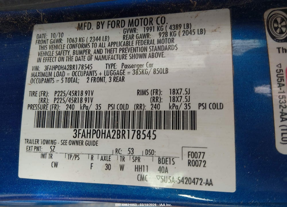 2011 FORD FUSION SE VIN: 3FAHP0HA2BR178545
