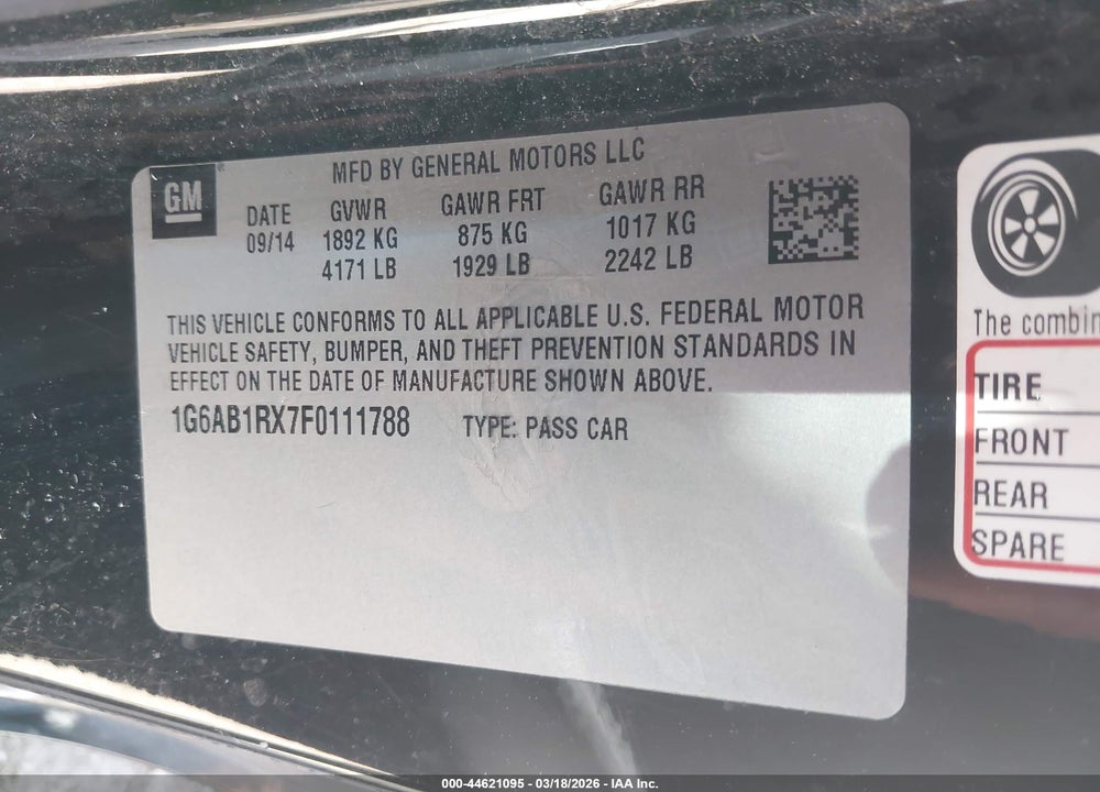 2015 CADILLAC ATS LUXURY VIN: 1G6AB1RX7F0111788