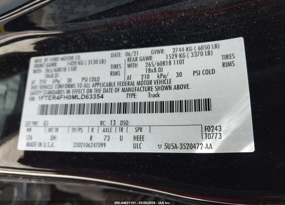 2021 FORD RANGER LARIAT VIN: 1FTER4FH0MLD63354