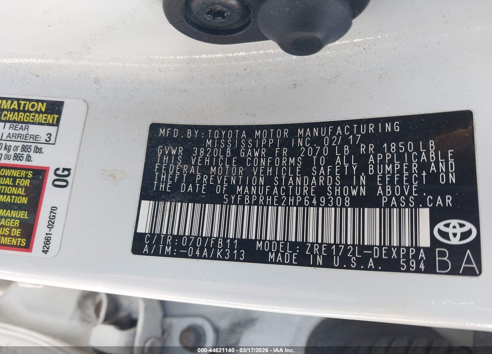 2017 TOYOTA COROLLA LE ECO VIN: 5YFBPRHE2HP649308