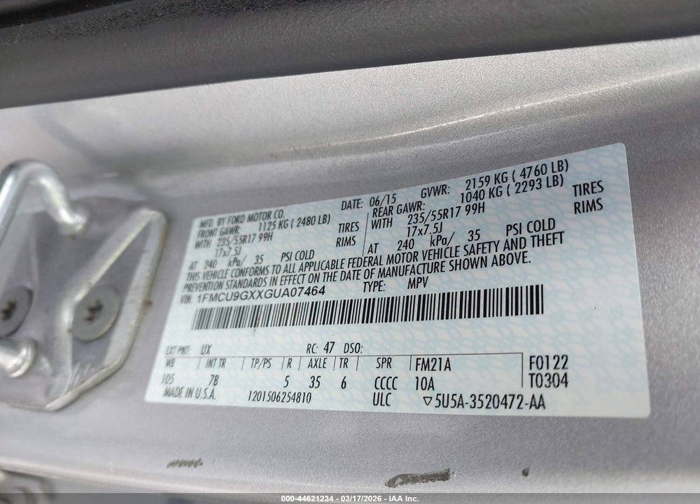 2016 FORD ESCAPE SE VIN: 1FMCU9GXXGUA07464