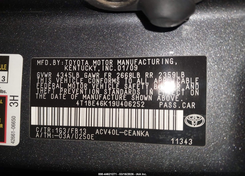 2009 TOYOTA CAMRY LE VIN: 4T1BE46K19U406252