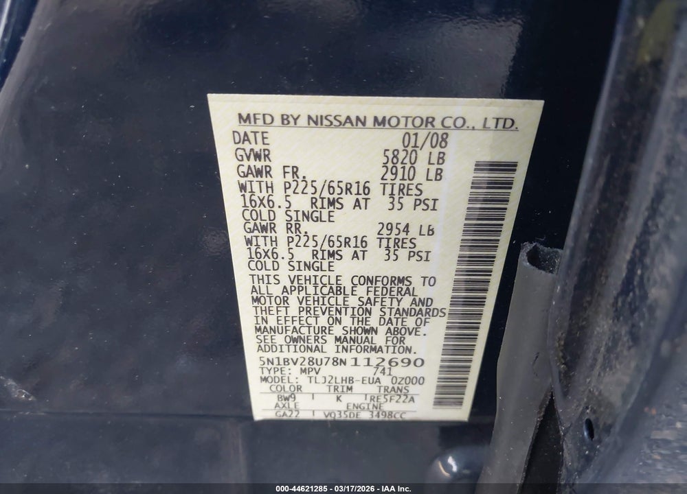 2008 NISSAN QUEST 3.5 S VIN: 5N1BV28U78N112690