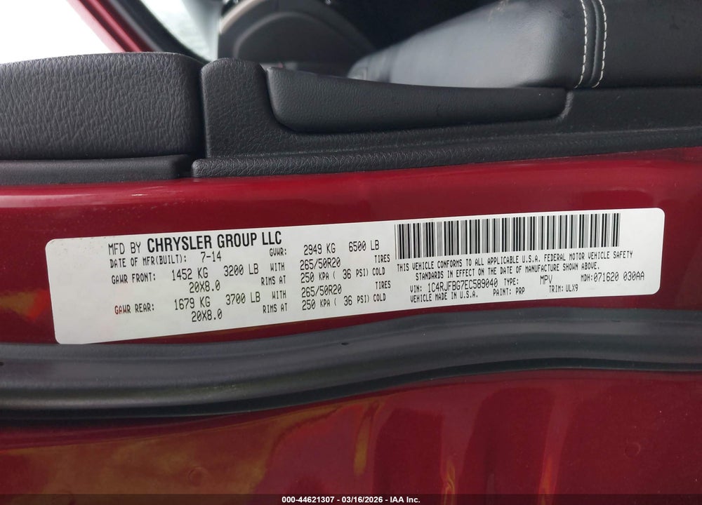 2014 JEEP GRAND CHEROKEE LIMITED VIN: 1C4RJFBG7EC589040