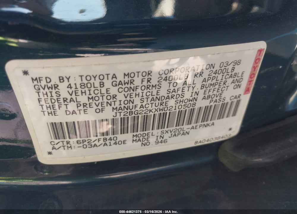 1998 TOYOTA CAMRY LE VIN: JT2BG22KXW0210508