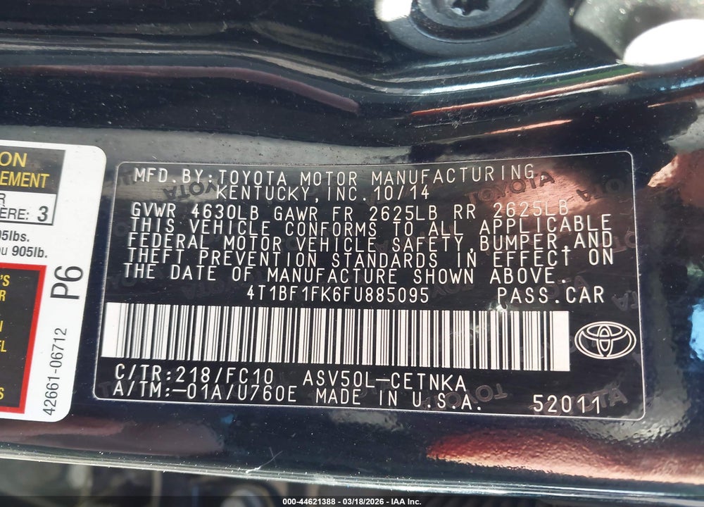 2015 TOYOTA CAMRY LE VIN: 4T1BF1FK6FU885095