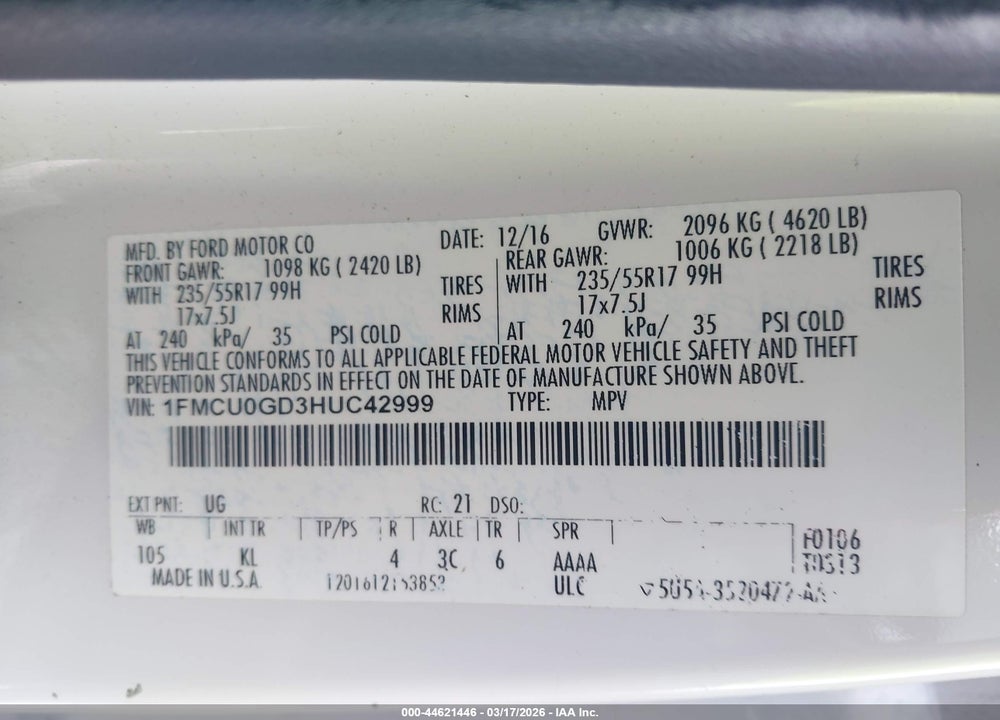 2017 FORD ESCAPE SE VIN: 1FMCU0GD3HUC42999