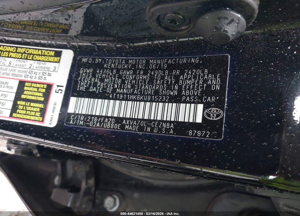 2019 TOYOTA CAMRY LE VIN: 4T1B11HK6KU815232