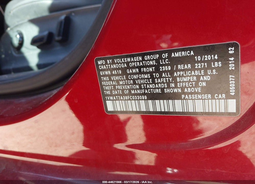 2015 VOLKSWAGEN PASSAT 1.8T WOLFSBURG EDITION VIN: 1VWAT7A38FC033099