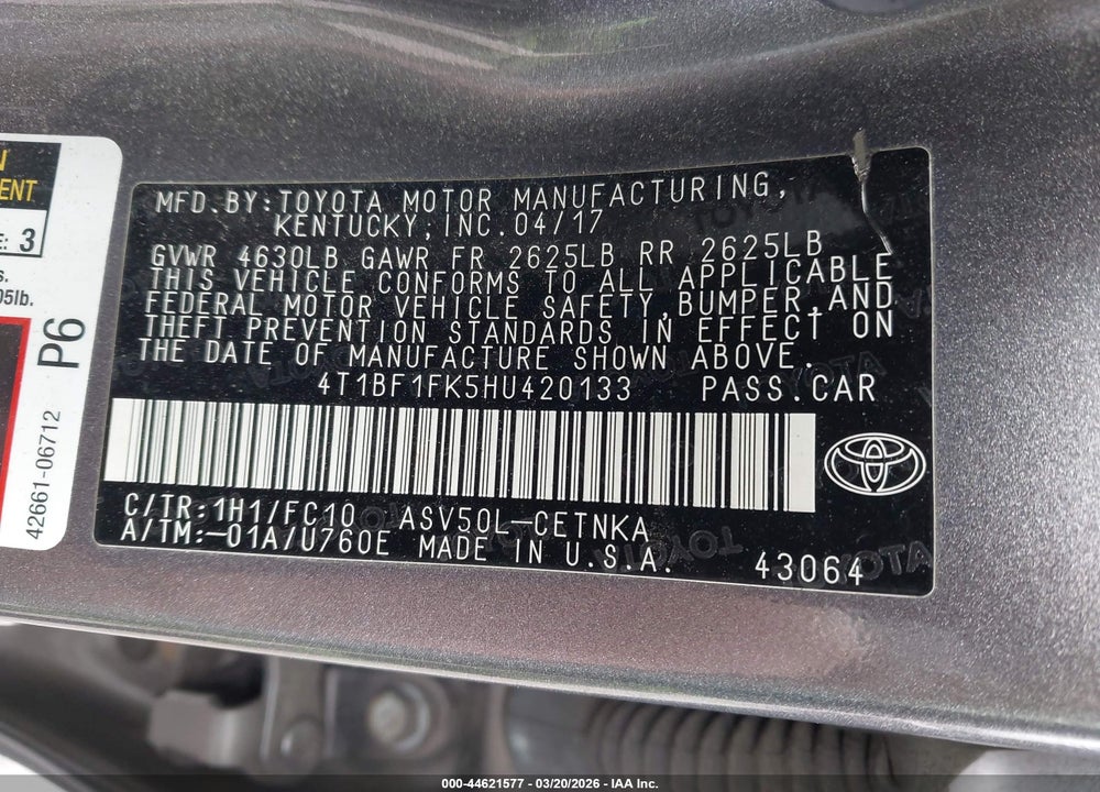 2017 TOYOTA CAMRY LE VIN: 4T1BF1FK5HU420133