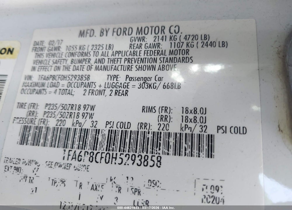 2017 FORD MUSTANG GT VIN: 1FA6P8CF0H5293858