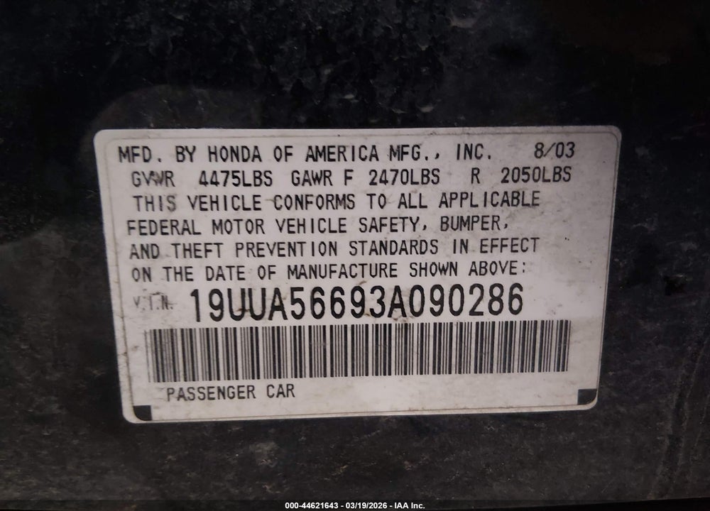 2003 ACURA 3.2TL VIN: 19UUA56693A090286