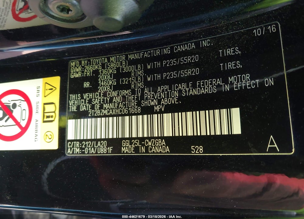 2017 LEXUS RX 350 VIN: 2T2BZMCAXHC061668