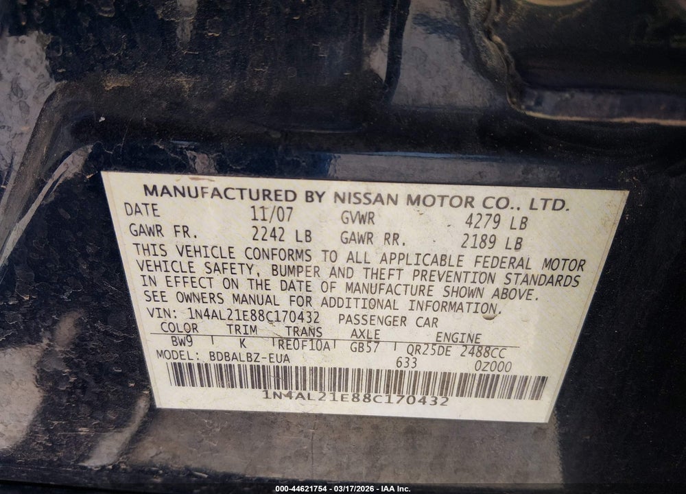 2008 NISSAN ALTIMA 2.5 S VIN: 1N4AL21E88C170432