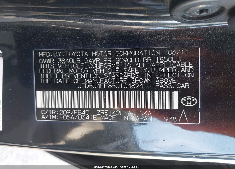 2011 TOYOTA COROLLA LE VIN: JTDBU4EE8BJ104824
