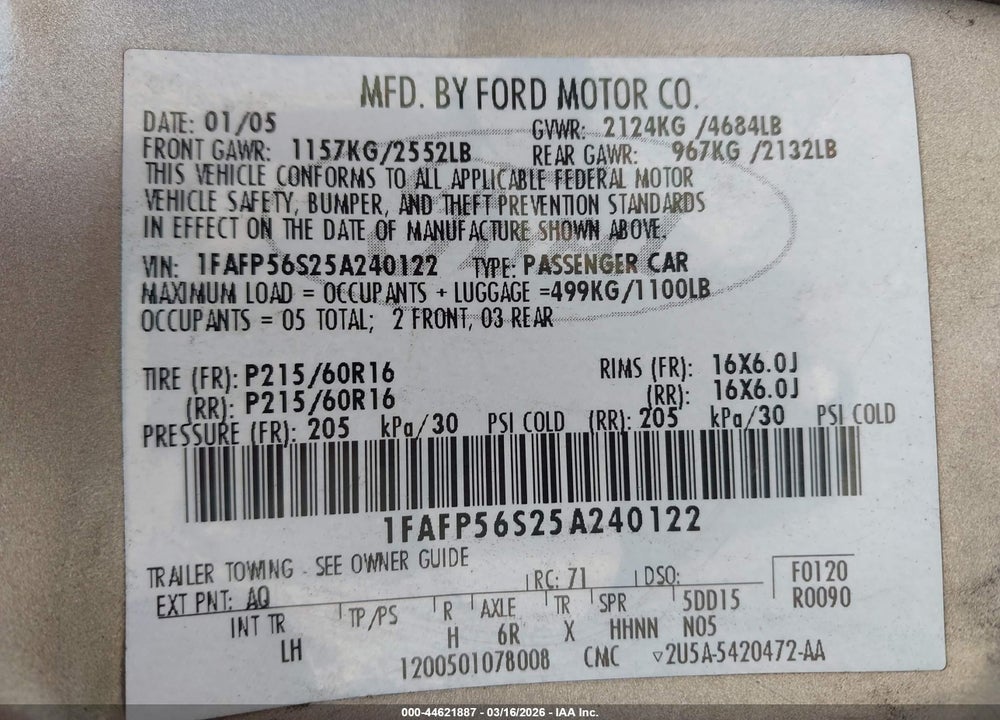 2005 FORD TAURUS SEL VIN: 1FAFP56S25A240122
