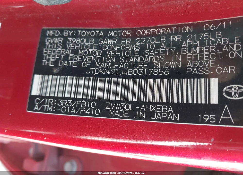 2011 TOYOTA PRIUS TWO VIN: JTDKN3DU4B0317856