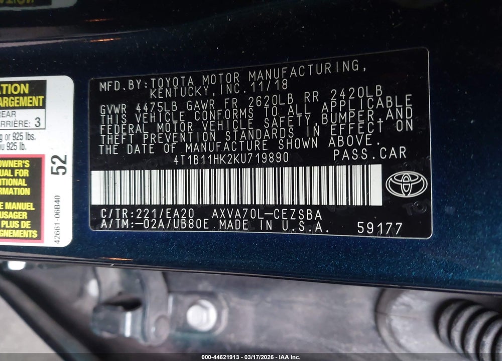 2019 TOYOTA CAMRY SE VIN: 4T1B11HK2KU719890