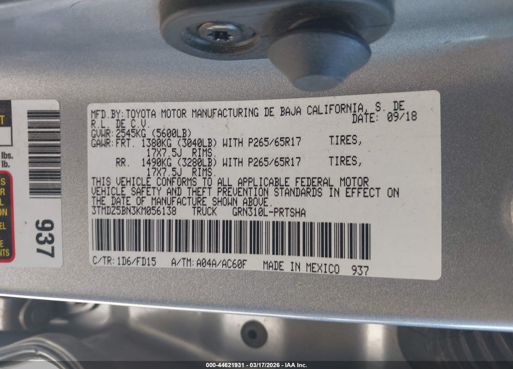 2019 TOYOTA TACOMA TRD SPORT VIN: 3TMDZ5BN3KM056138