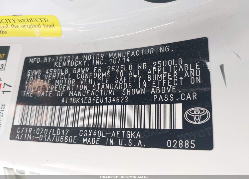 2014 TOYOTA AVALON XLE VIN: 4T1BK1EB4EU134623