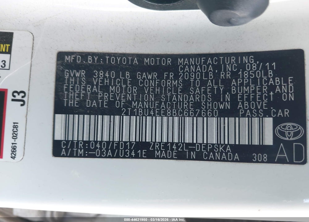 2011 TOYOTA COROLLA S VIN: 2T1BU4EE8BC667660
