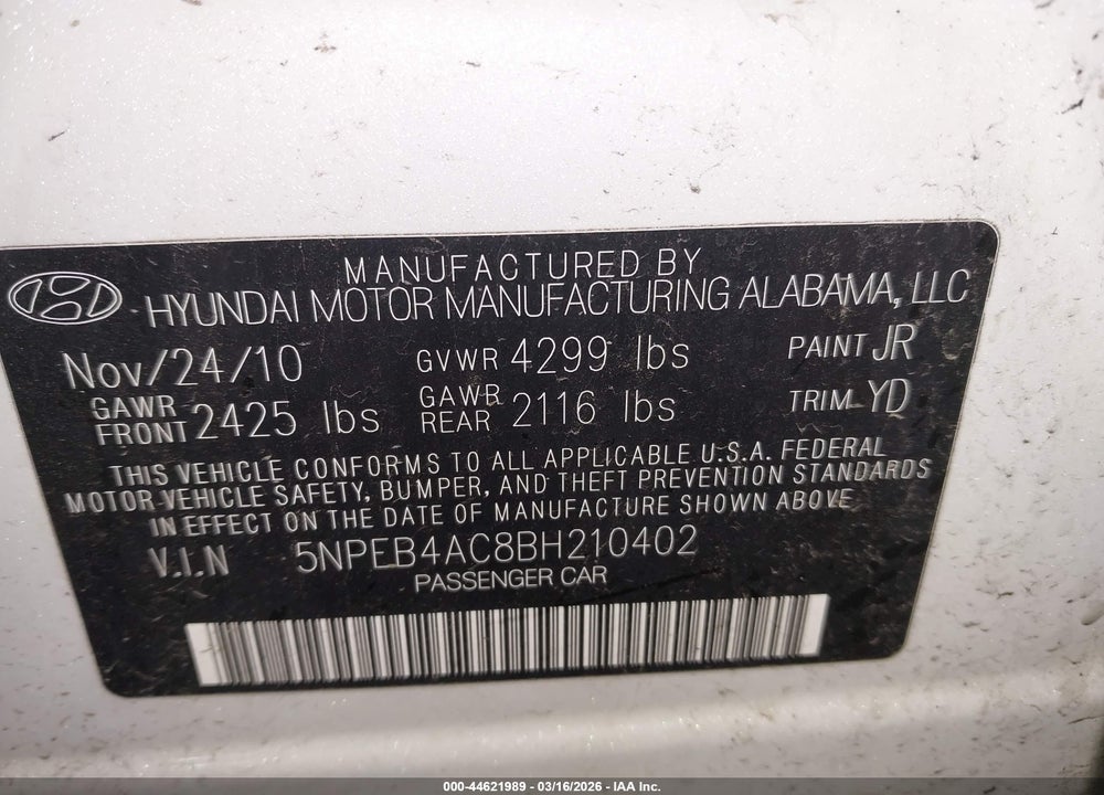 2011 HYUNDAI SONATA GLS VIN: 5NPEB4AC8BH210402