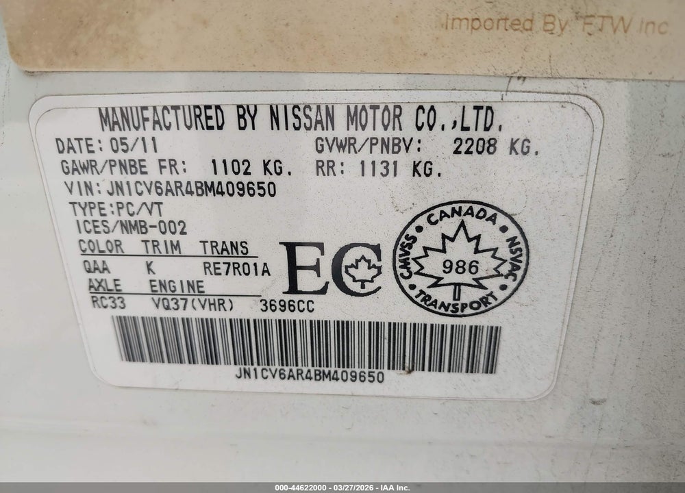 2011 INFINITI G37X VIN: JN1CV6AR4BM409650