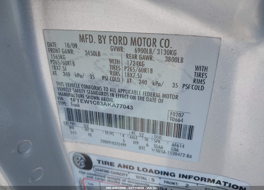 2010 FORD F-150 XLT VIN: 1FTEW1C83AKA77043