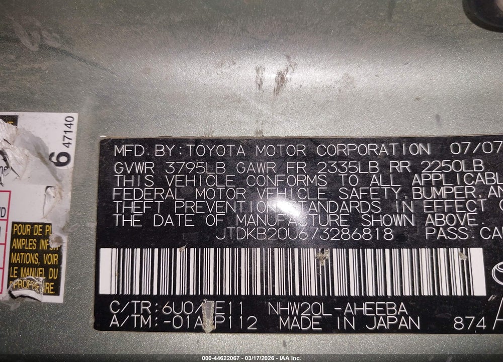 2007 TOYOTA PRIUS TOURING VIN: JTDKB20U673286818