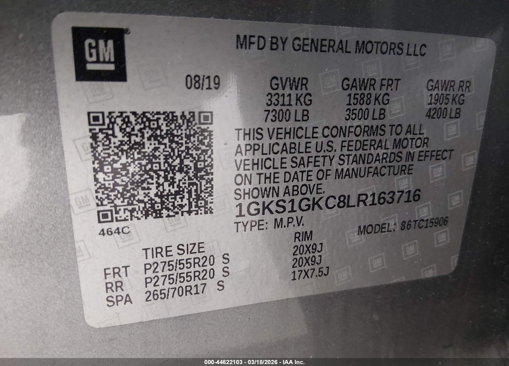 2020 GMC YUKON XL 2WD SLT VIN: 1GKS1GKC8LR163716