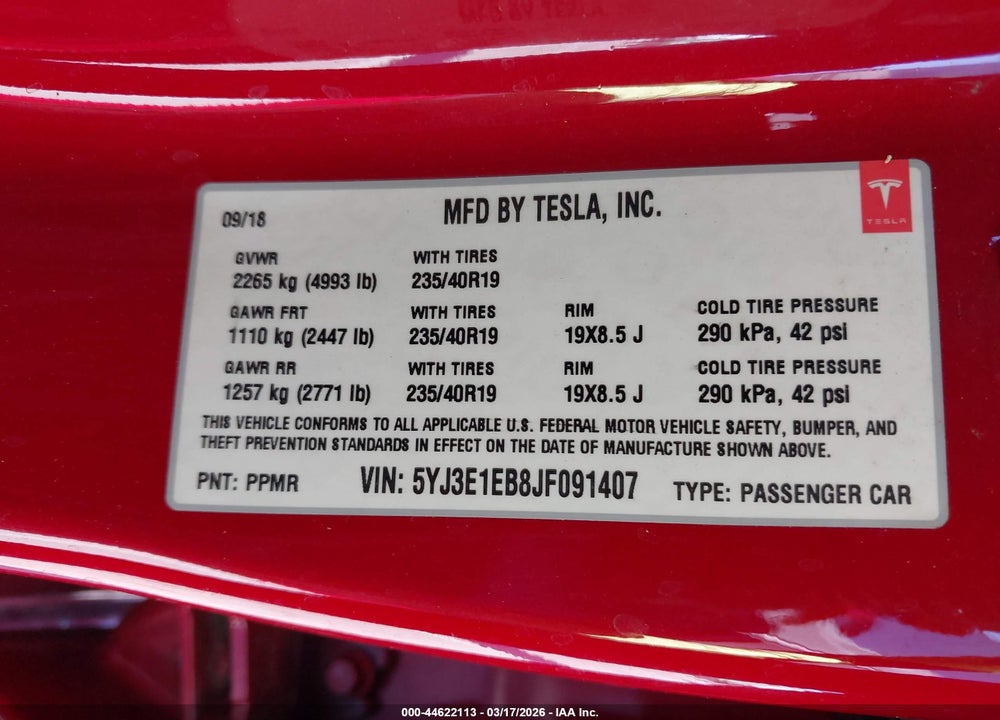 2018 TESLA MODEL 3 LONG RANGE/PERFORMANCE VIN: 5YJ3E1EB8JF091407