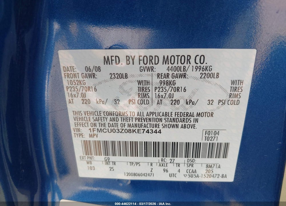 2008 FORD ESCAPE XLT VIN: 1FMCU03Z08KE74344