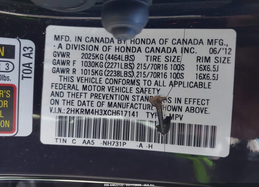 2012 HONDA CR-V LX VIN: 2HKRM4H3XCH617141