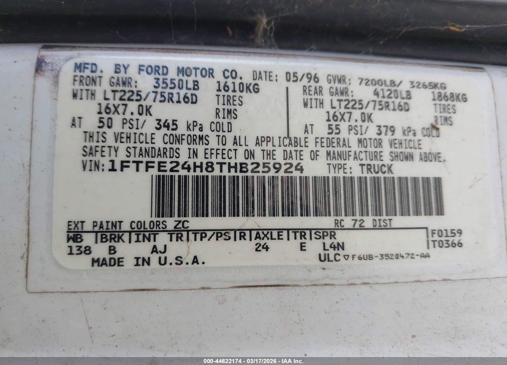1996 FORD ECONOLINE E250 VAN VIN: 1FTFE24H8THB25924