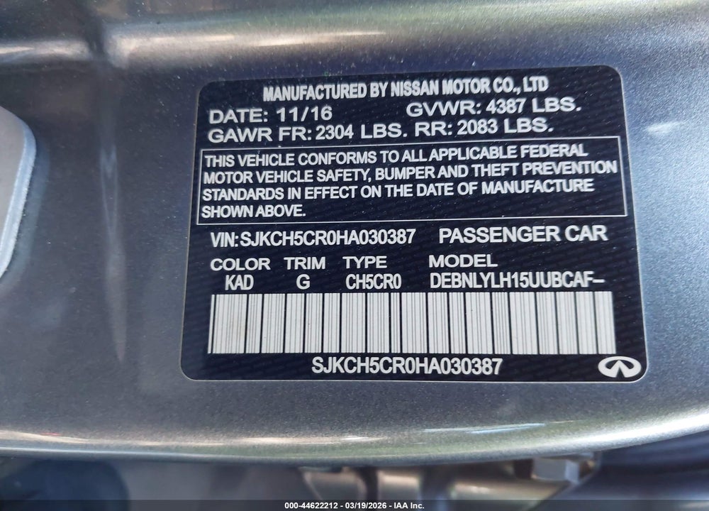 2017 INFINITI QX30 PREMIUM VIN: SJKCH5CR0HA030387