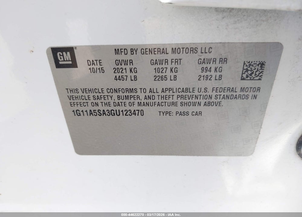 2016 CHEVROLET MALIBU LIMITED 1FL VIN: 1G11A5SA3GU123470