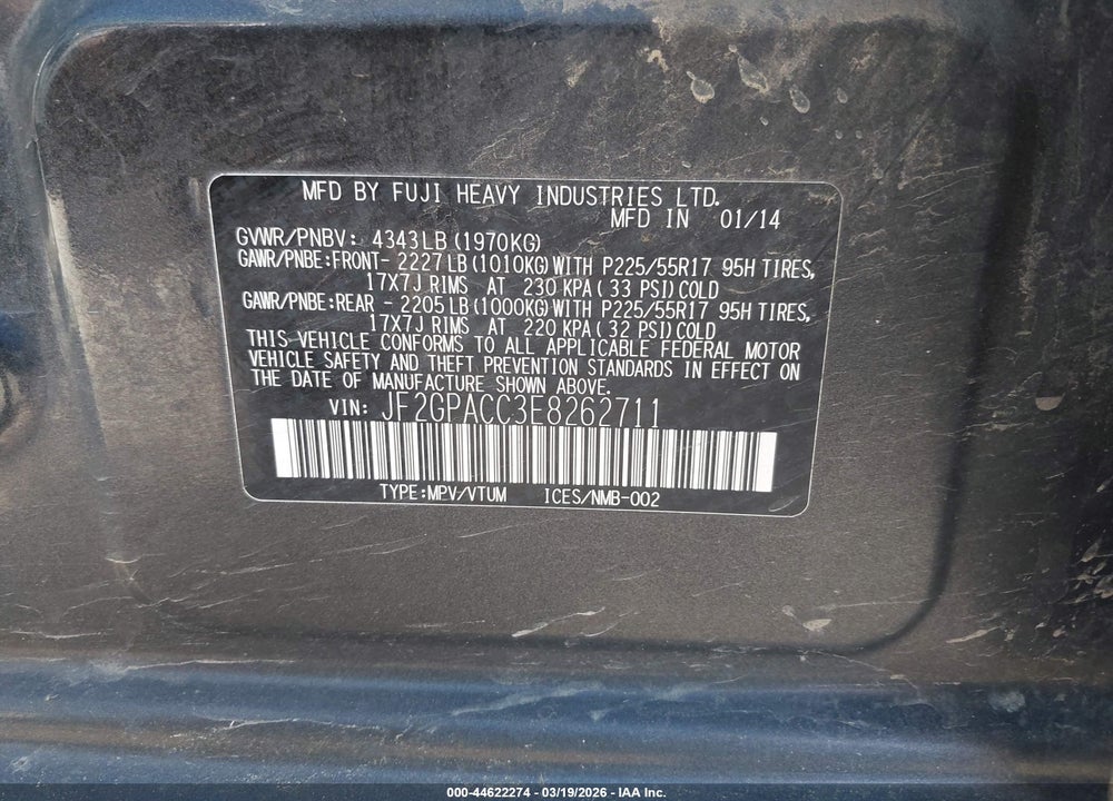 2014 SUBARU XV CROSSTREK 2.0I PREMIUM VIN: JF2GPACC3E8262711