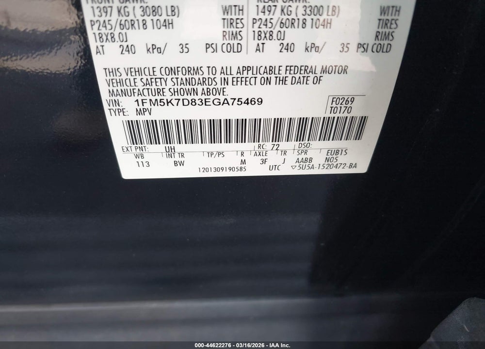 2014 FORD EXPLORER XLT VIN: 1FM5K7D83EGA75469