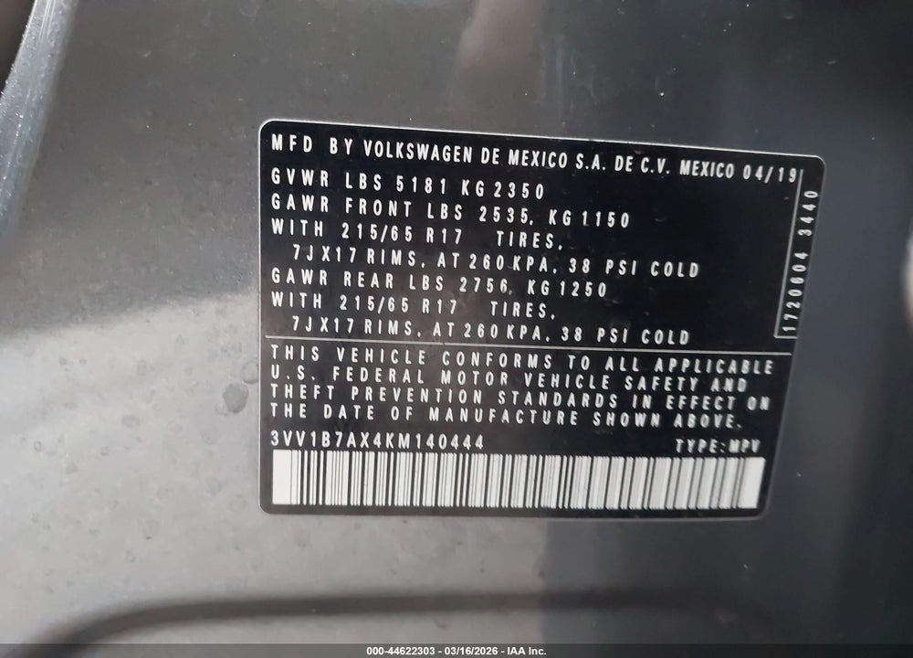 2019 VOLKSWAGEN TIGUAN 2.0T S VIN: 3VV1B7AX4KM140444