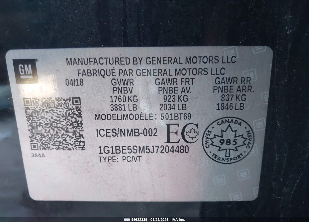 2018 CHEVROLET CRUZE LT AUTO VIN: 1G1BE5SM5J7204480