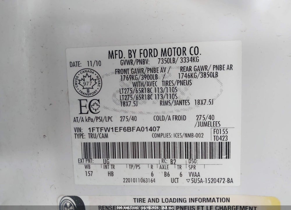 2011 FORD F150 SUPER VIN: 1FTFW1EF6BFA01407