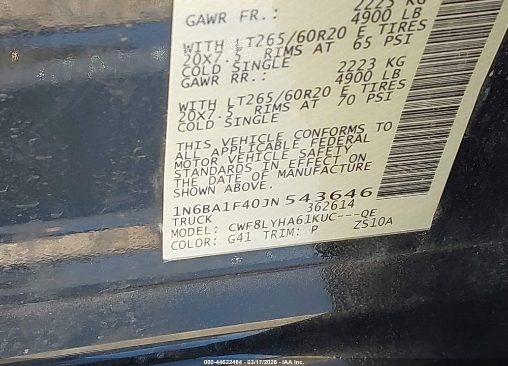 2018 NISSAN TITAN XD PLATINUM RESERVE DIESEL VIN: 1N6BA1F40JN543646