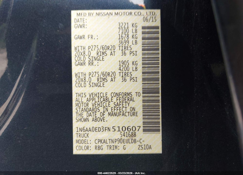 2015 NISSAN TITAN SV VIN: 1N6AA0ED3FN510607