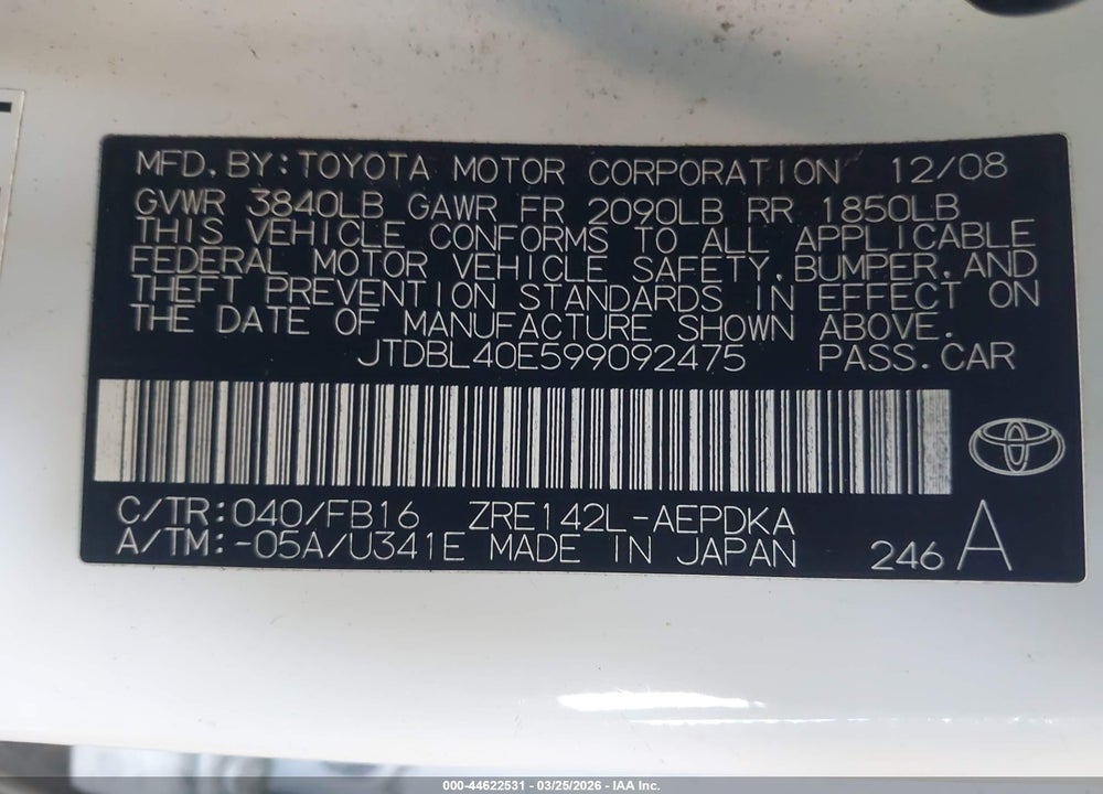 2009 TOYOTA COROLLA VIN: JTDBL40E599092475