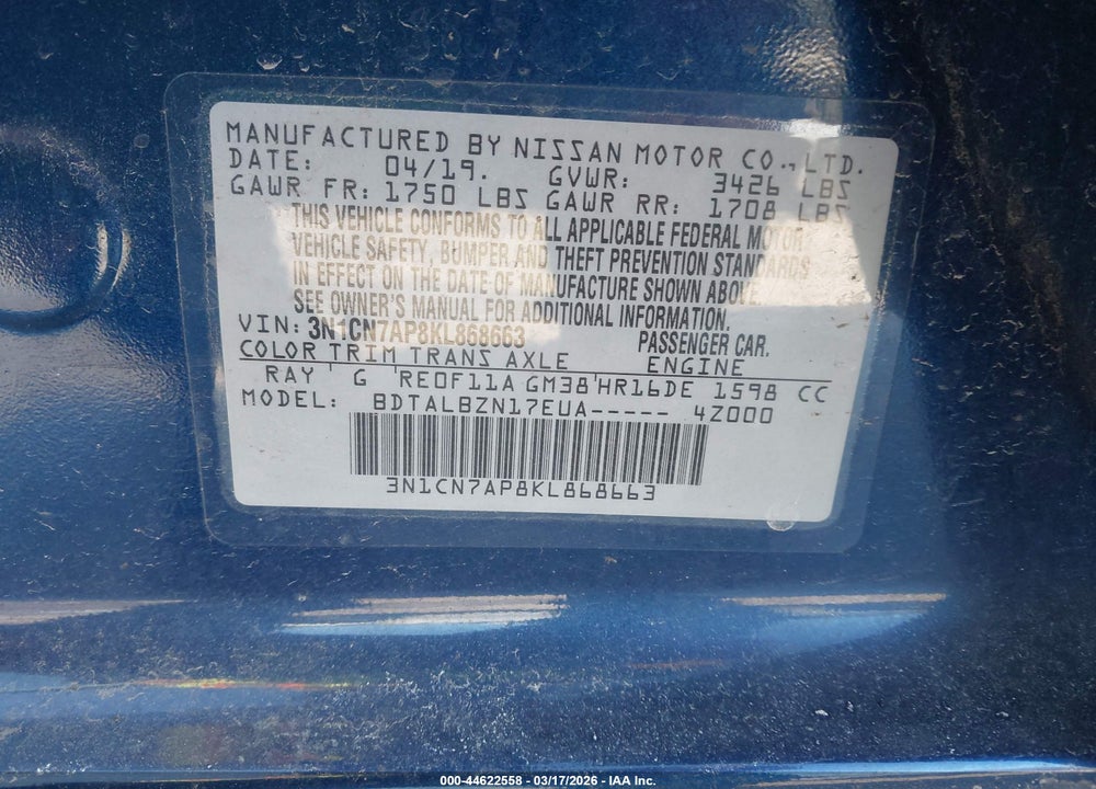 2019 NISSAN VERSA 1.6 SV VIN: 3N1CN7AP8KL868663