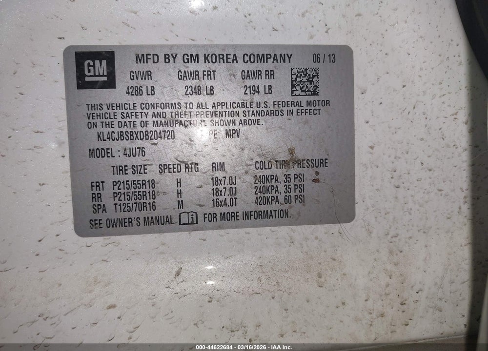 2013 BUICK ENCORE CONVENIENCE VIN: KL4CJBSBXDB204720