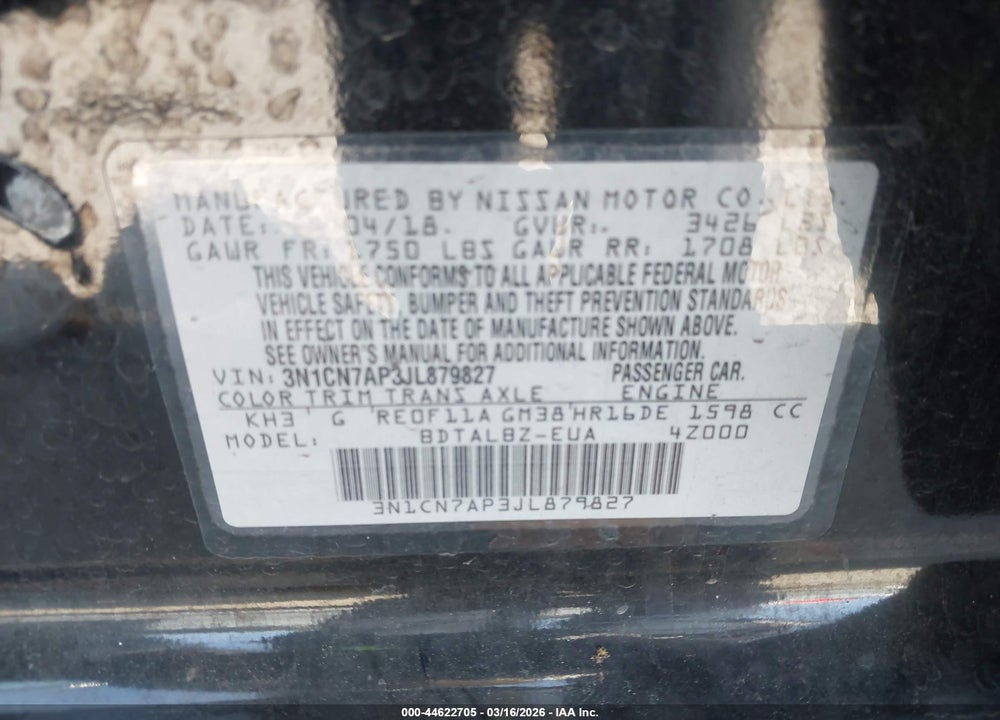 2018 NISSAN VERSA 1.6 SV VIN: 3N1CN7AP3JL879827