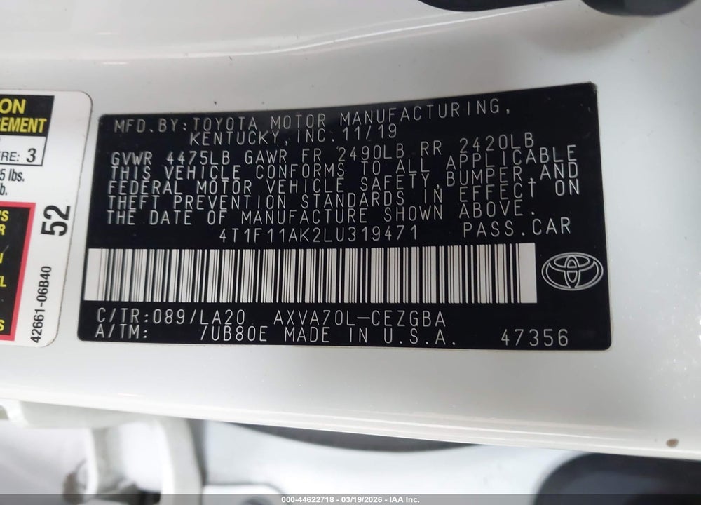 2020 TOYOTA CAMRY XLE VIN: 4T1F11AK2LU319471