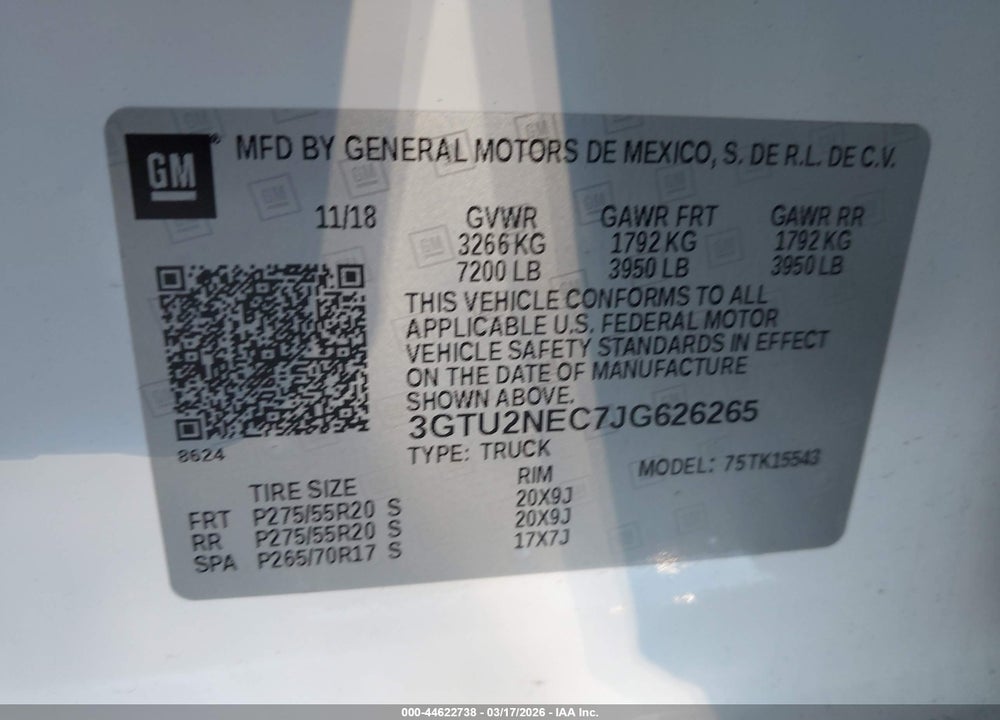 2018 GMC SIERRA 1500 SLT VIN: 3GTU2NEC7JG626265