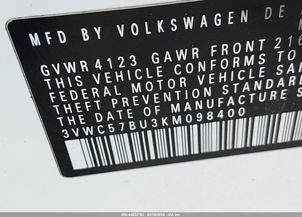 2019 VOLKSWAGEN JETTA 1.4T R-LINE/1.4T S/1.4T SE VIN: 3VWC57BU3KM098400